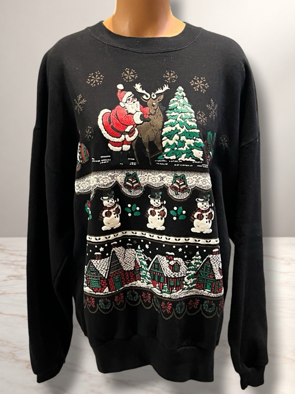 ☑️ Vintage Jerzees Christmas Santa Reindeer Snowman Sweatshirt Black Size XL